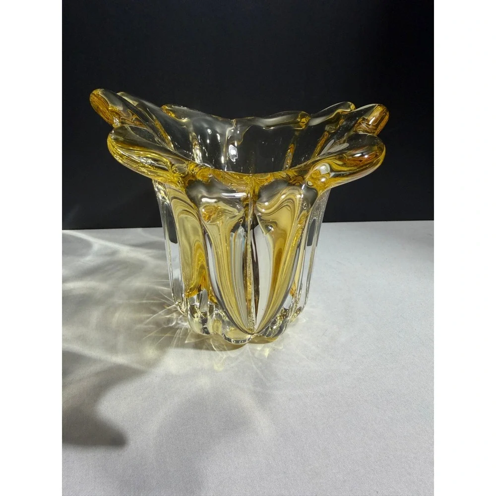 Vintage Murano Style Amber Yellow Sommerso Art Glass Flared Ribbed Vase
